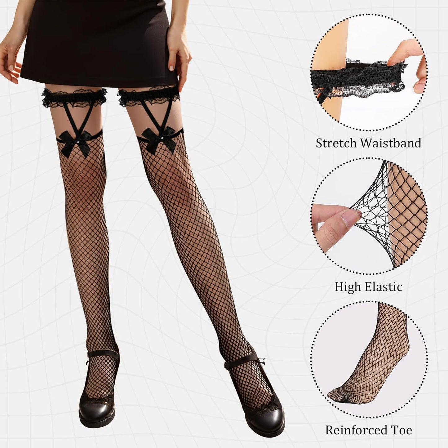 Black Cat Costume Accessories for Women, 3 Pieces Sexy Cat Women Masquerade Accessories Set with Ears Headband, Choker Necklace, Fishing Net Knee Socks Stockings for Halloween Carnival Cosplay