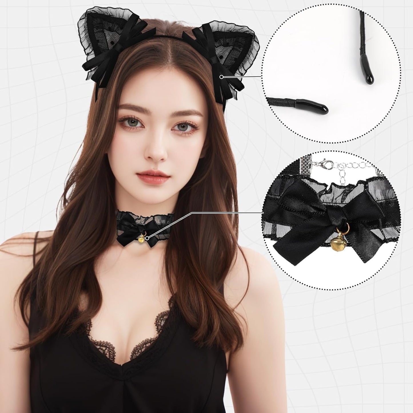 Black Cat Costume Accessories for Women, 3 Pieces Sexy Cat Women Masquerade Accessories Set with Ears Headband, Choker Necklace, Fishing Net Knee Socks Stockings for Halloween Carnival Cosplay