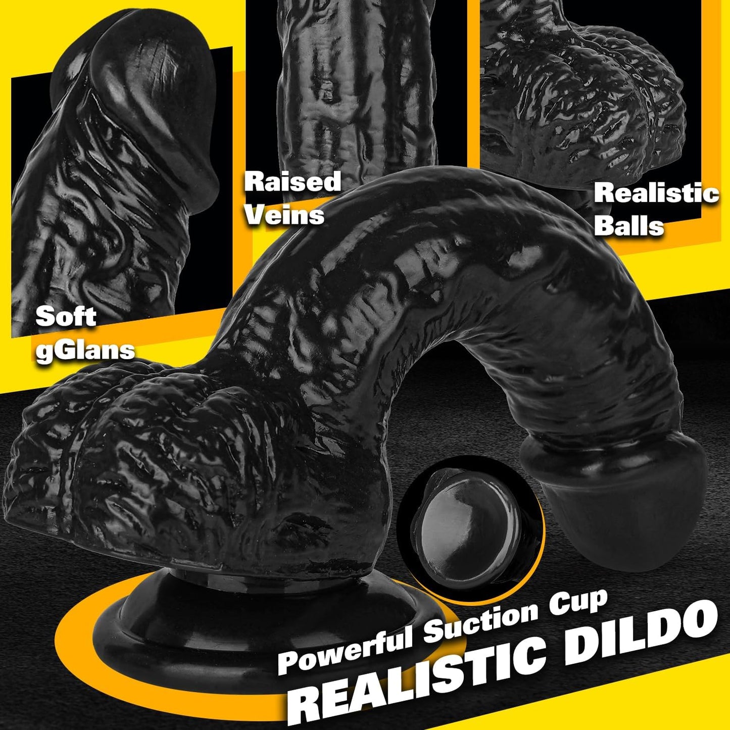 Realistic Dildos, 7.3 Inch Dildo with Suction Cup for Hands-Free Play, Flexible Cock with Curved Shaft and Balls for Vaginal G-Spot and Anal Play, Adult Sex Toy for Male & Female Black