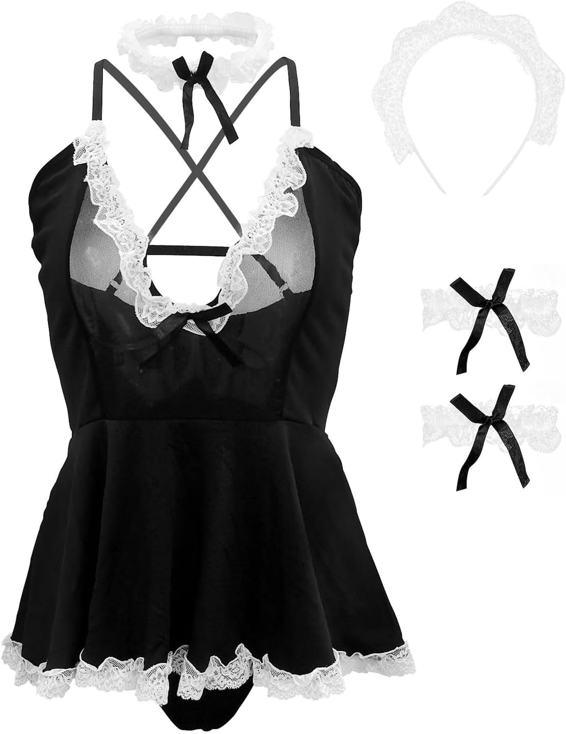 Womens French Maid Costume Sexy Maid Outfit Apron Fancy Dress Roleplay Lingerie Lace Trim Mesh Babydoll