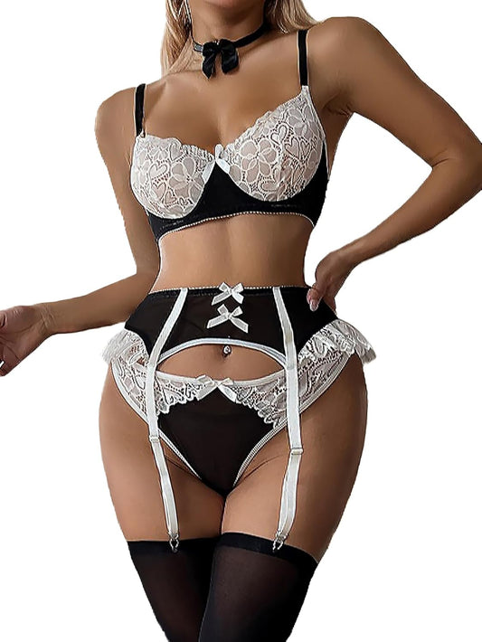 Women'S Contrast Lace Underwire Costume Colorblock Lingerie Set