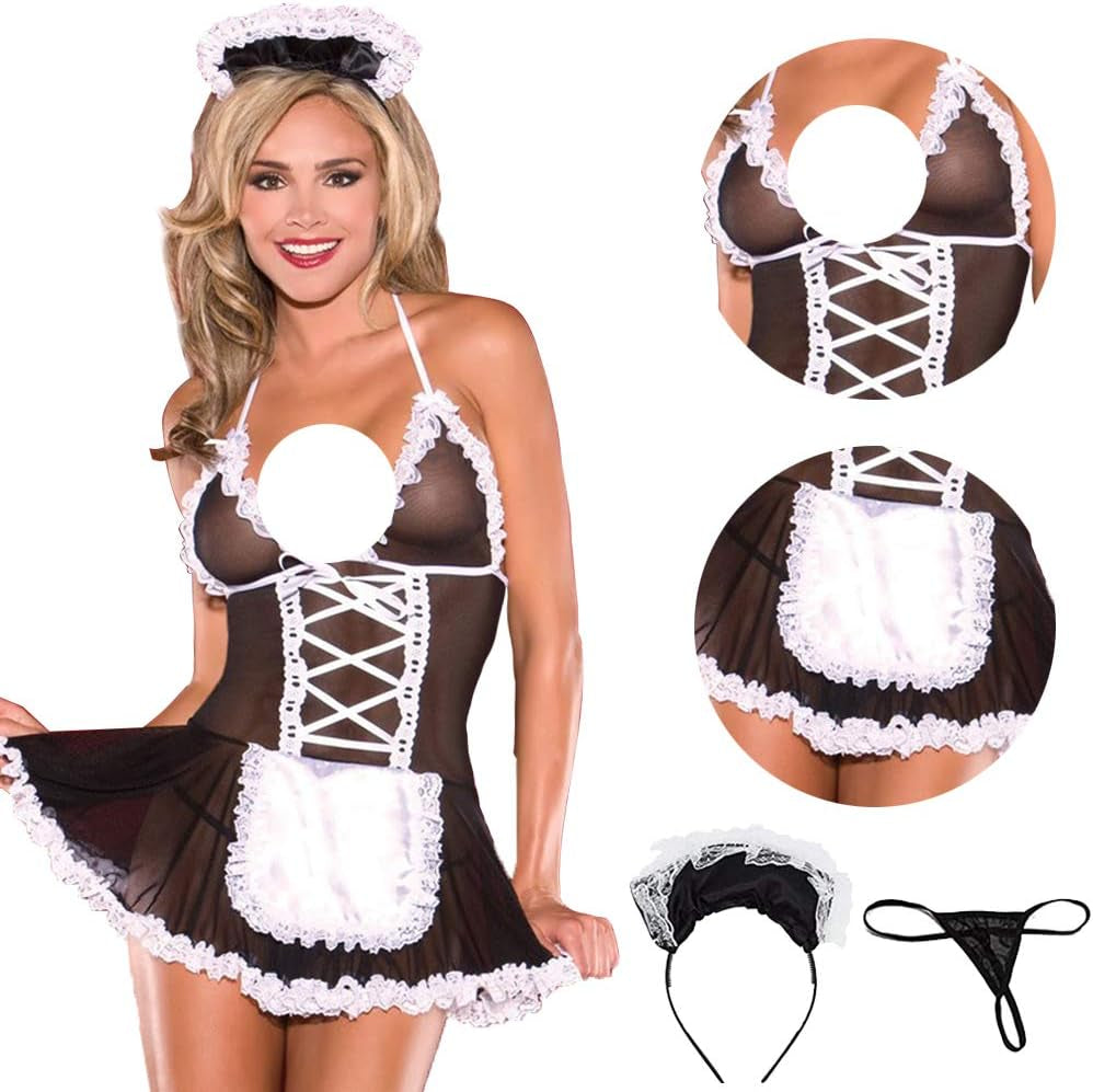 Women French Maid Outfit Costume Sexy Lingerie Sheer Naughty Servant Uniform Cosplay Lace Babydoll Apron Fancy Dress