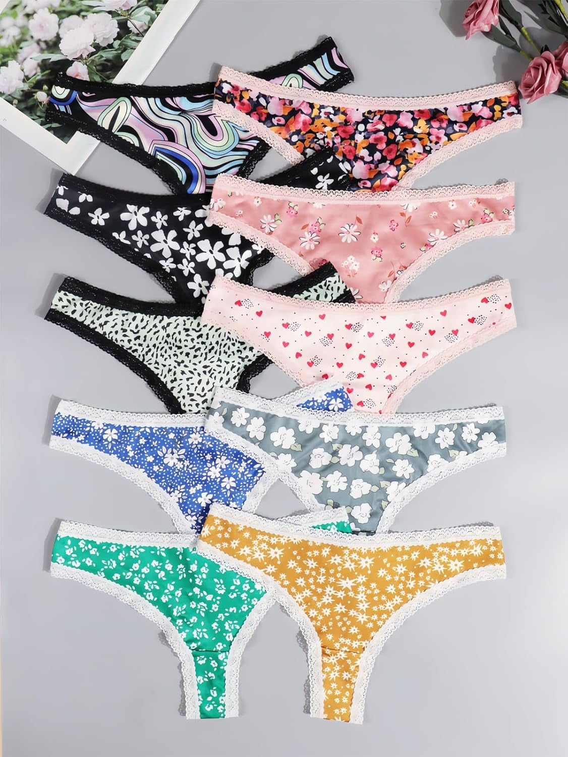 10-Pack Women Sexy Coquette Contrast Lace Trims Floral Print Thongs Underwear
