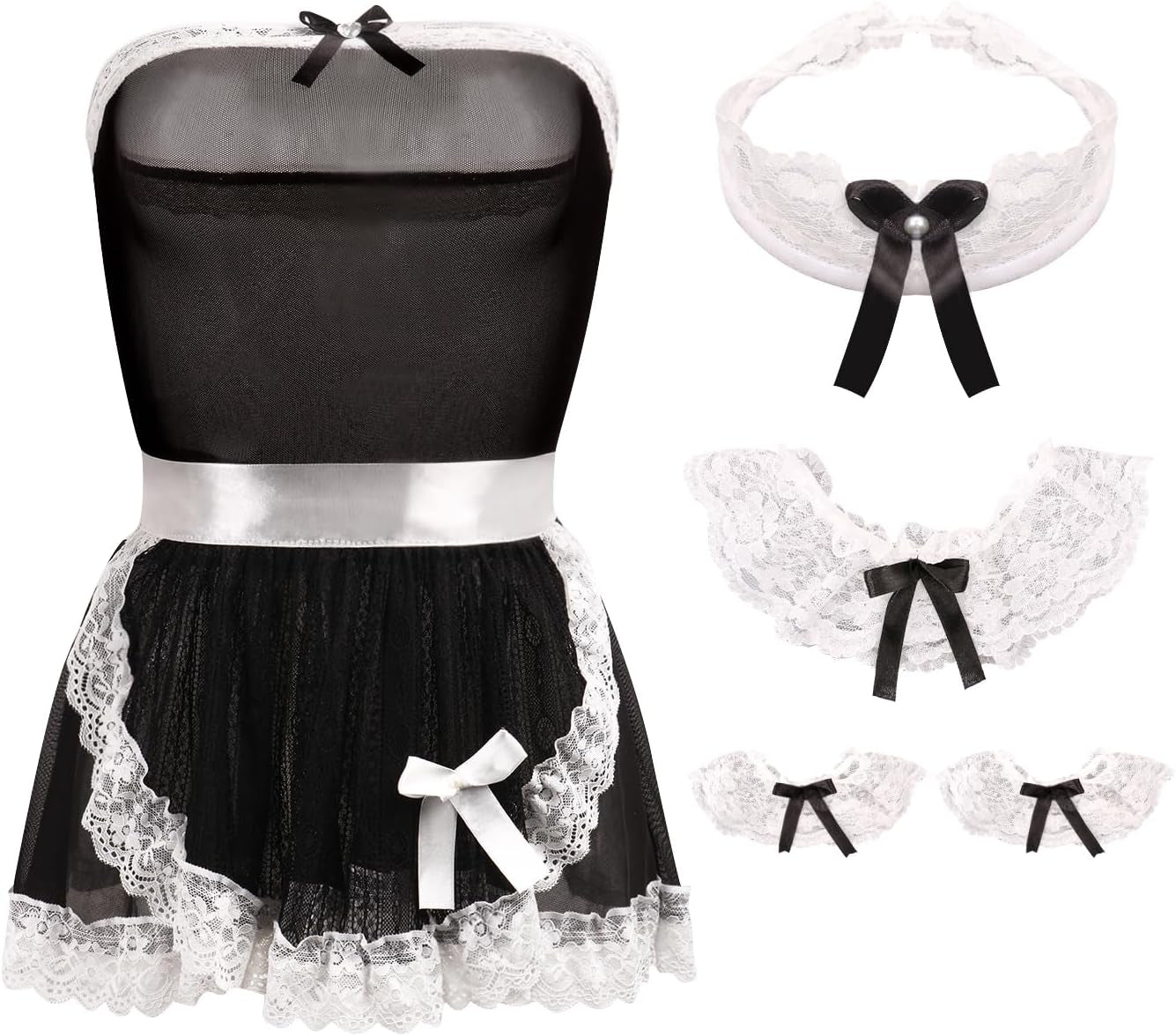 Womens French Maid Costume Maid Dress Sheer Maid Outfit Cosplay Lingerie Set Lace Babydoll Apron Fancy Dress