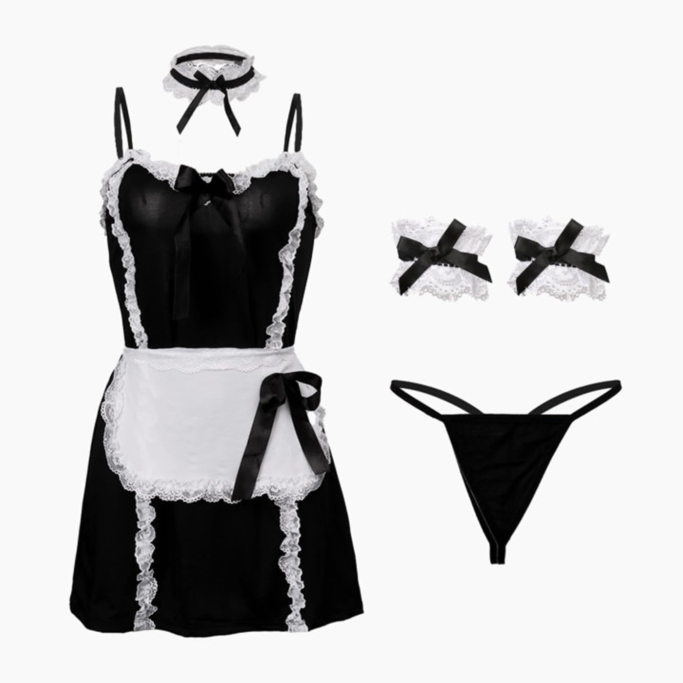 Women Maid Outfit Sexy Lingerie with Garter Belt Cute Lace Babydoll Maid Servant Cosplay Strap Mini Dress Fancy Costume