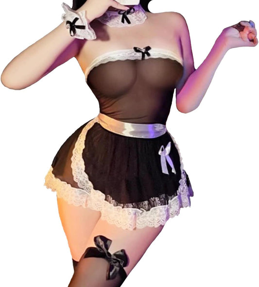 Womens French Maid Costume Maid Dress Sheer Maid Outfit Cosplay Lingerie Set Lace Babydoll Apron Fancy Dress
