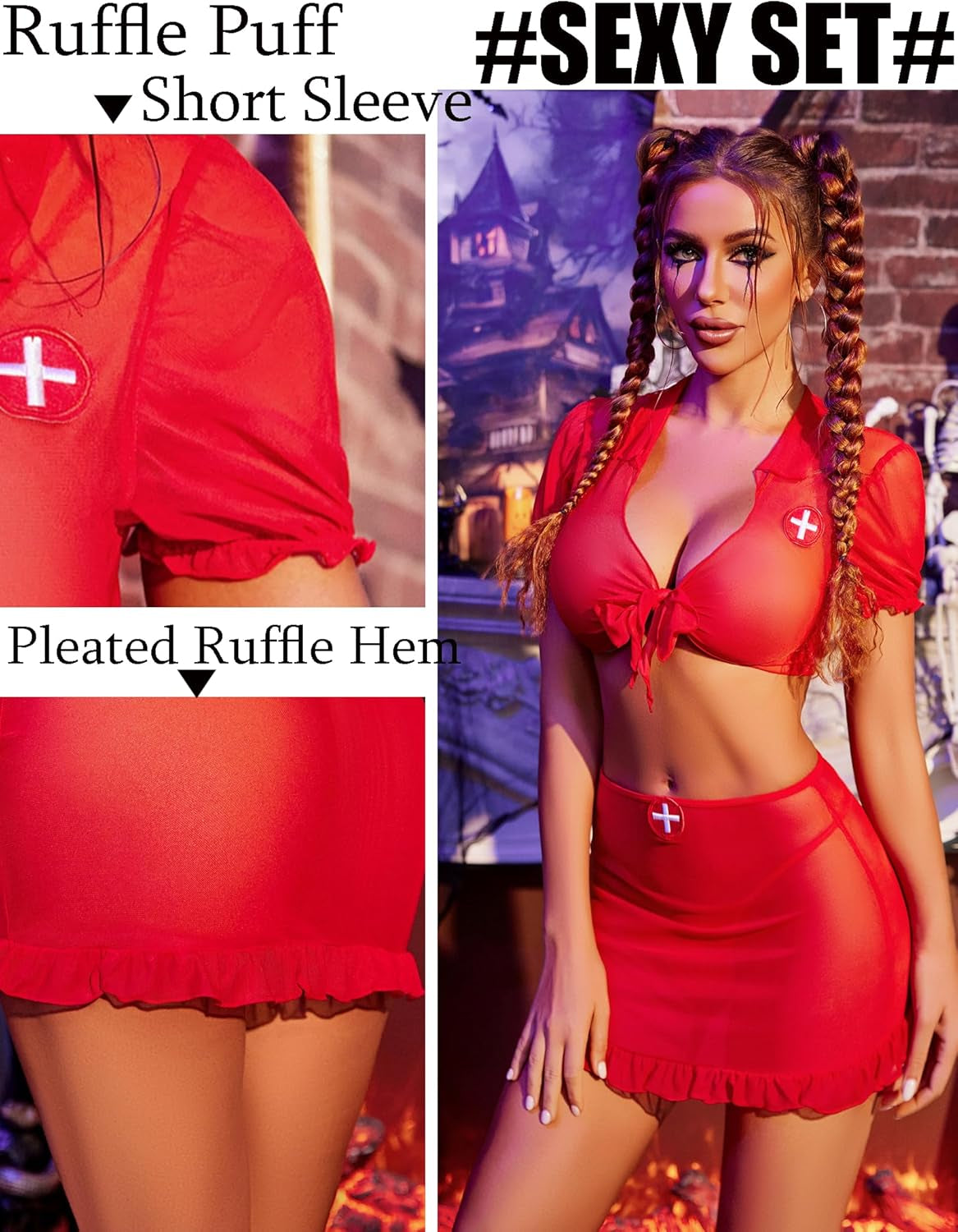Women Lingerie Sets Sexy Cosplay Nurse Outfits with Mesh Tie Top and Sheer Skirt Ruffled Hem