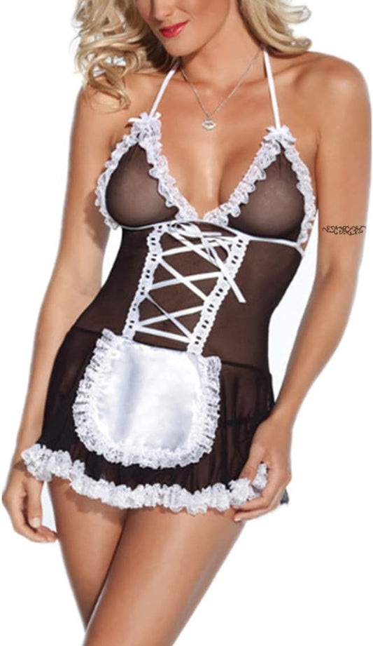 Women French Maid Outfit Costume Sexy Lingerie Sheer Naughty Servant Uniform Cosplay Lace Babydoll Apron Fancy Dress