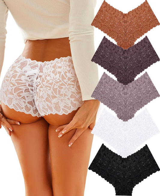 Sexy Underwear Panties for Women Cheeky V Waist Lace Boyshorts plus Size Underwear Women 5 Pack