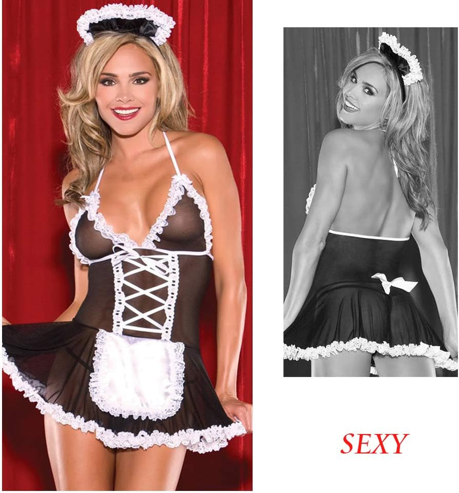 Women French Maid Outfit Costume Sexy Lingerie Sheer Naughty Servant Uniform Cosplay Lace Babydoll Apron Fancy Dress