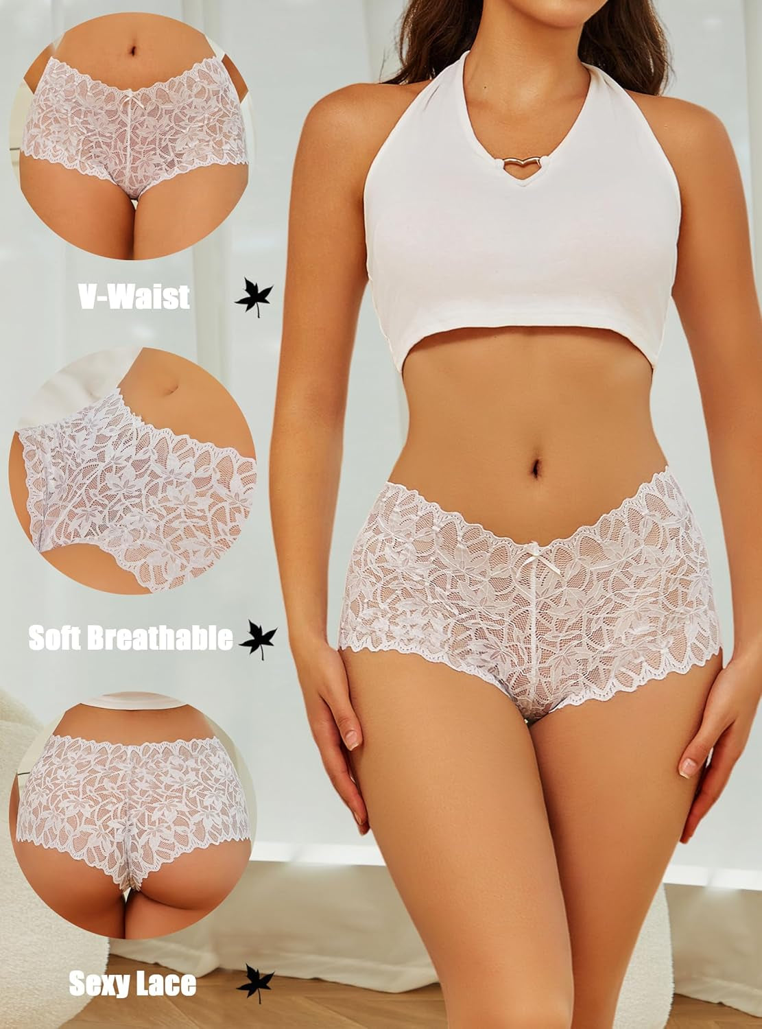 Sexy Underwear Panties for Women Cheeky V Waist Lace Boyshorts plus Size Underwear Women 5 Pack