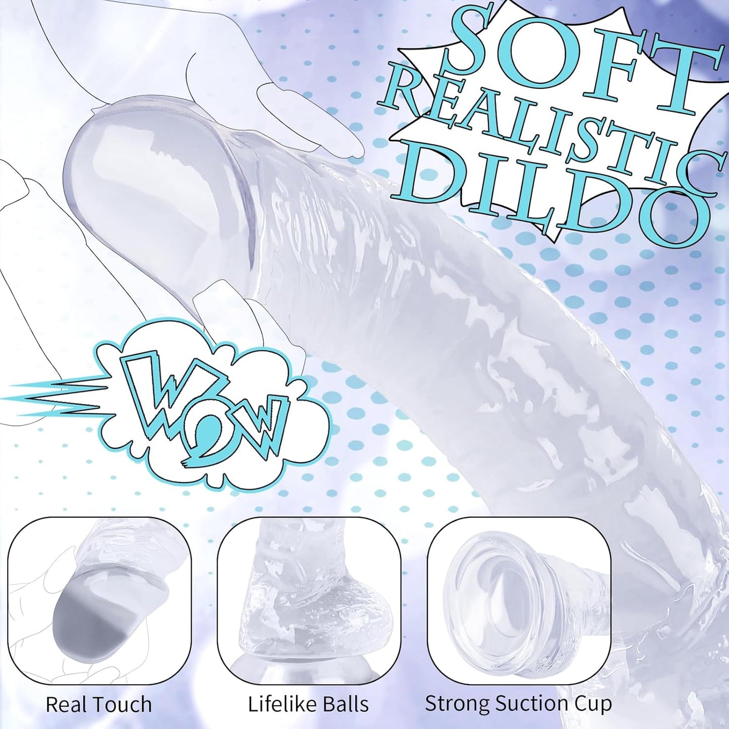 7 Inch Realistic Soft Dildo with Skin Feeling, Beginner Anal Dildo for G-Spot Stimulation, Body-Safe Material Fake Penis with Powerful Suction Cup for Hands-Free Play, Sex Toys for Adult (Transparent)