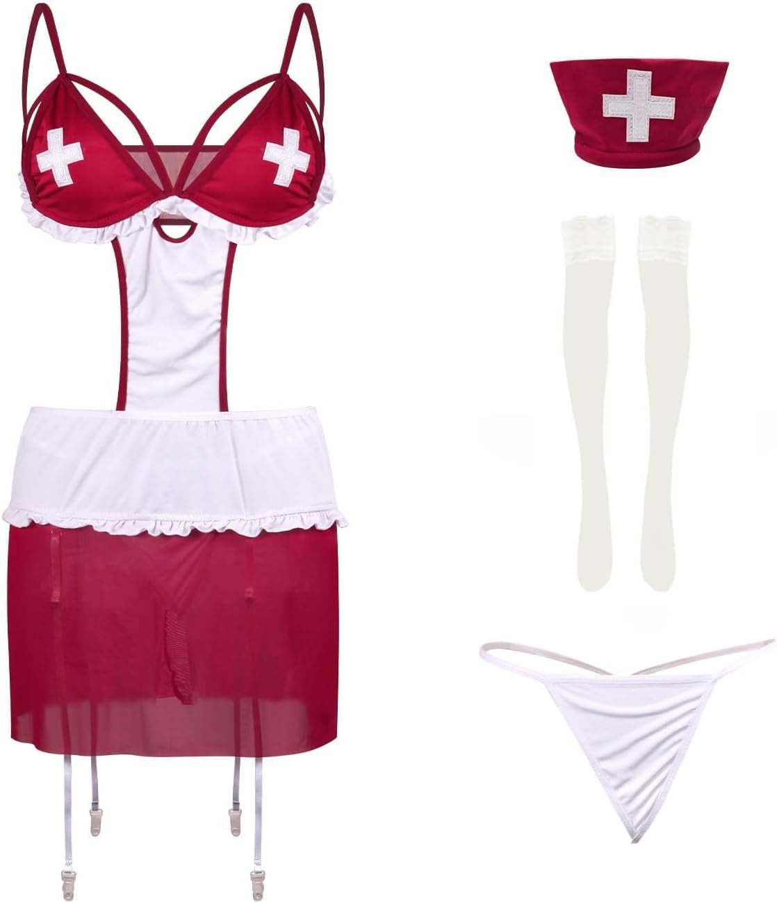 Sexy Nurse Costume Naughty Outfits Women Halloween Cosplay Lingerie Set with Garter Belt Fancy Nurse Roleplay Dress