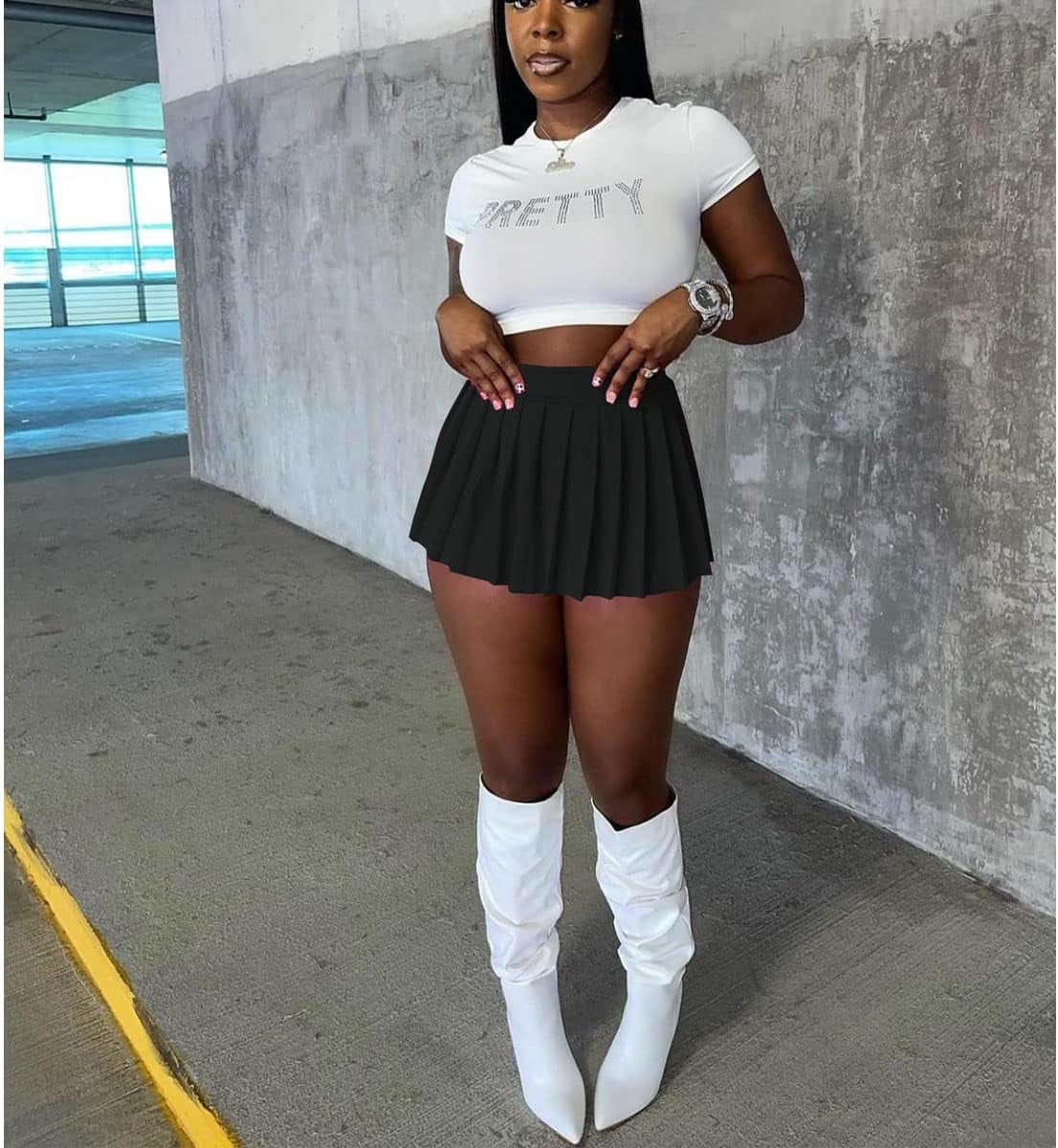Women'S Mini Pleated Skirts Sexy Club Y2K High Wiast Stretchy Tennis Skater A-Line Skirt