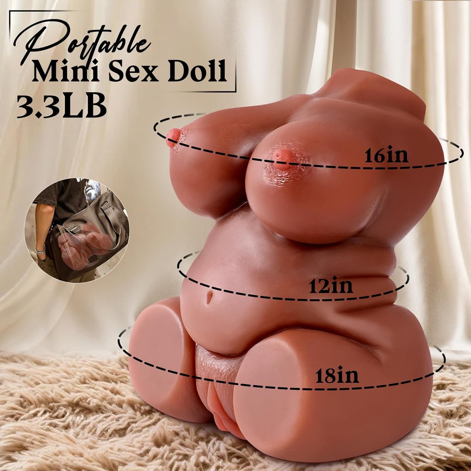 Portable Sex Doll Male Masturbator for Men Pocket Pussies -3.3LB Brown BBW Torso with Lifelike Touch, Perfect Waist-To-Hip Ratio & Two Textured Channels,Vagina Anal for Several Sex Positions