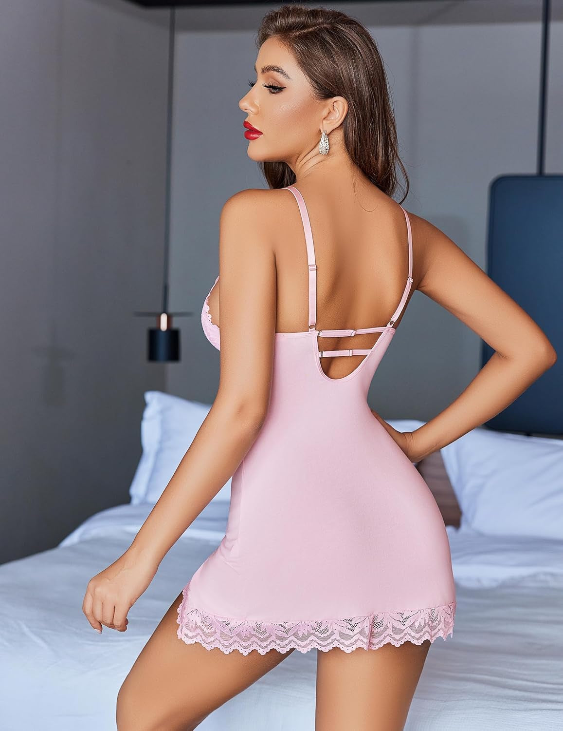 Women Lingerie Lace Nightgown Chemise Spaghetti Strap Babydoll Modal Sleepwear V-Neck Full Slip Side Slit Nightwear