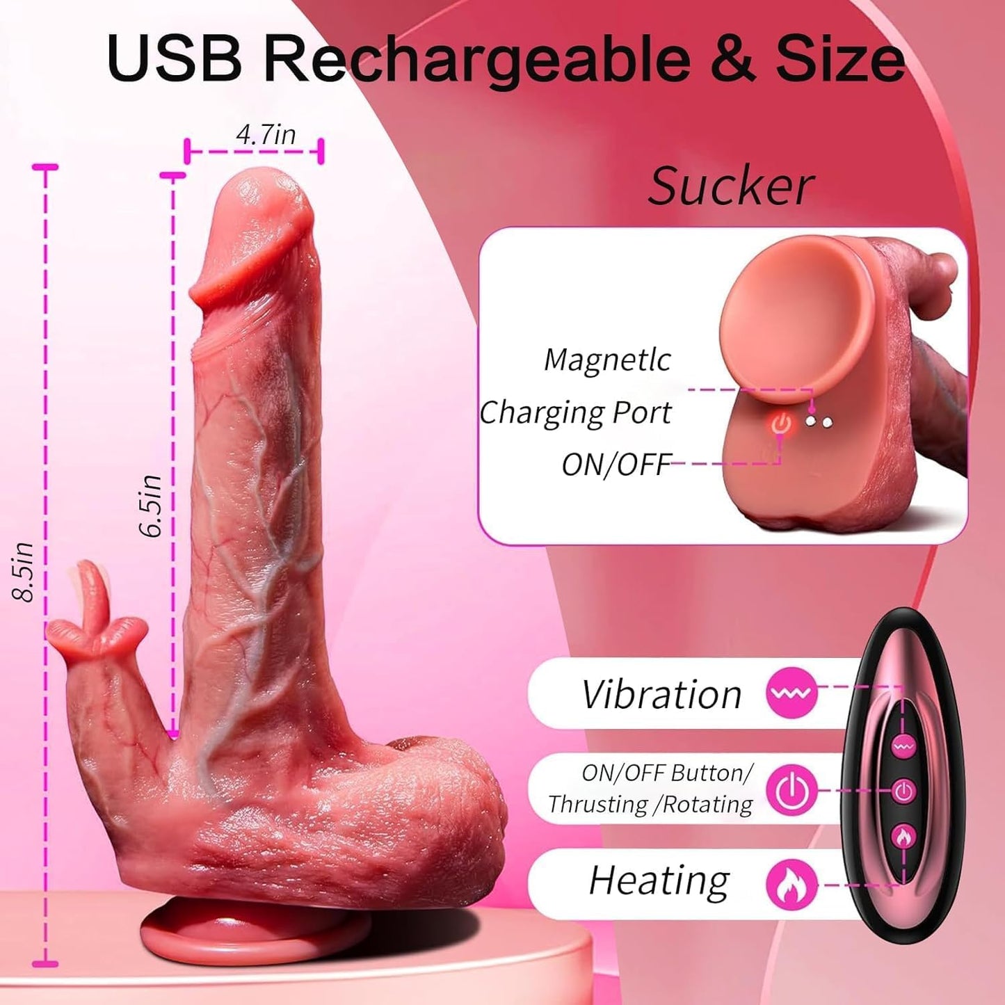 Thrusting Dildo Vibrator Sex Toys for Women Realistic Dildos 5 In1 Penis with Suction Cup 9 Vibrations & 3 Thrusting Swing, Heating Modes Anal Dildo with Remote Control Couple Adult Sex Toys & Games