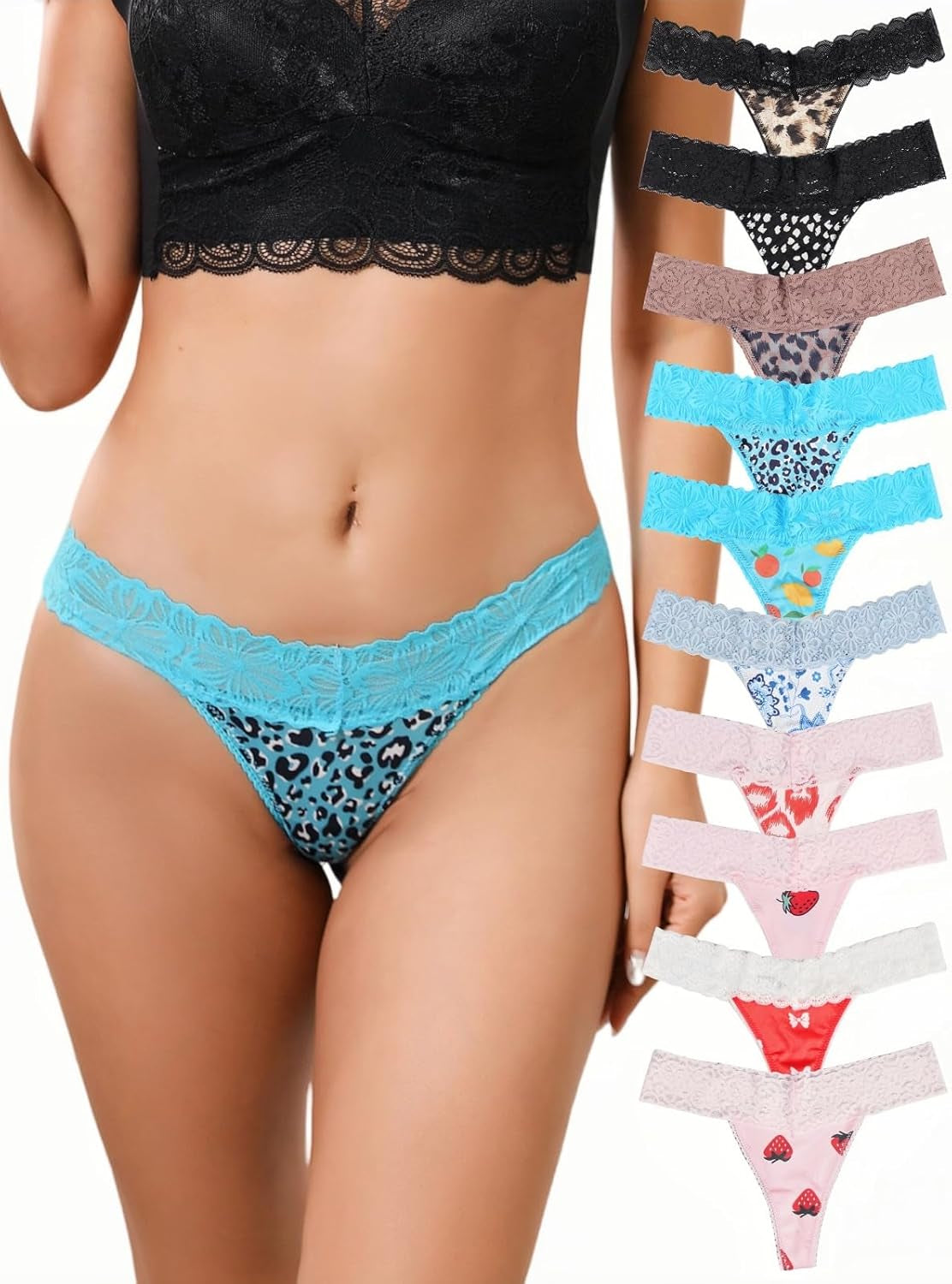 10-Pack Women Sexy Contrast Lace Trims G-String Thongs, Floral Fruits Leopard Print Lace Stitching Intimates Underwear