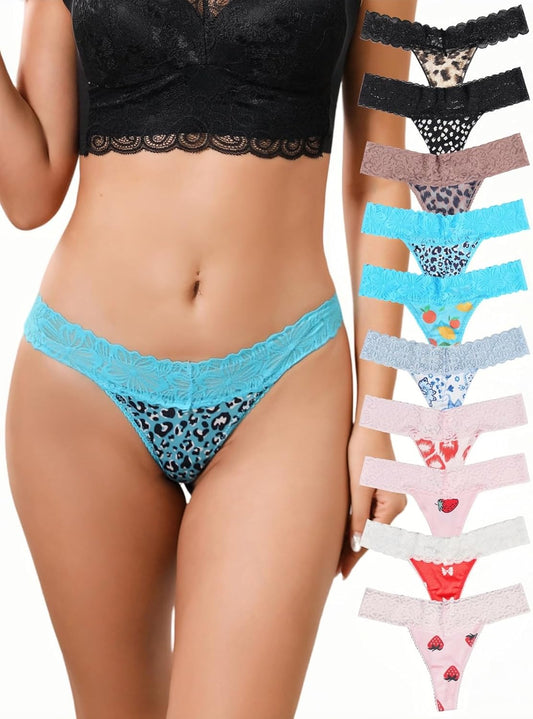 10-Pack Women Sexy Contrast Lace Trims G-String Thongs, Floral Fruits Leopard Print Lace Stitching Intimates Underwear