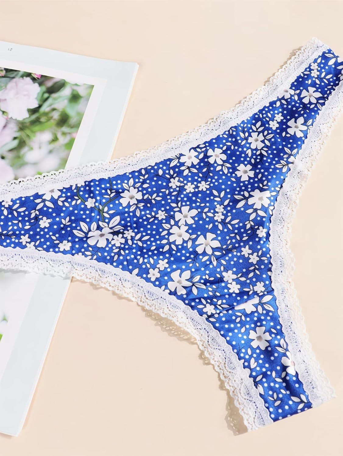 10-Pack Women Sexy Coquette Contrast Lace Trims Floral Print Thongs Underwear