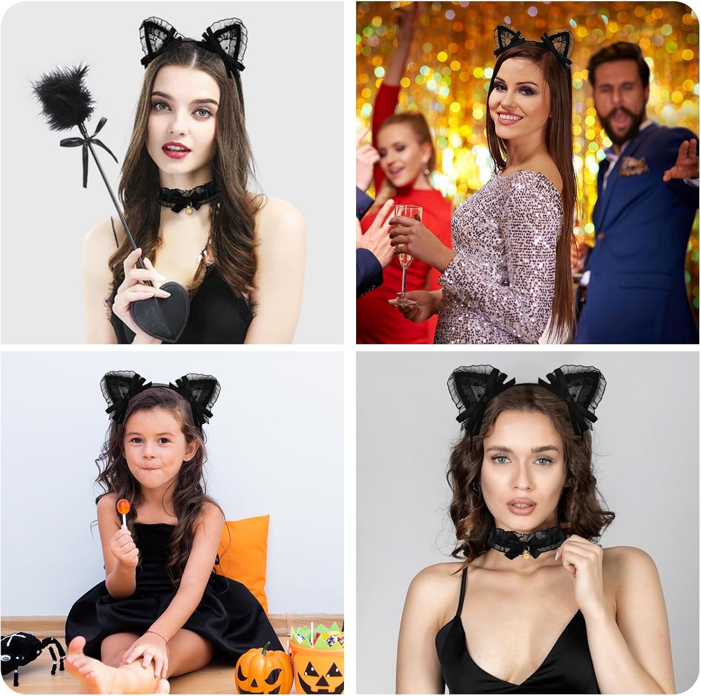 Black Cat Costume Accessories for Women, 3 Pieces Sexy Cat Women Masquerade Accessories Set with Ears Headband, Choker Necklace, Fishing Net Knee Socks Stockings for Halloween Carnival Cosplay